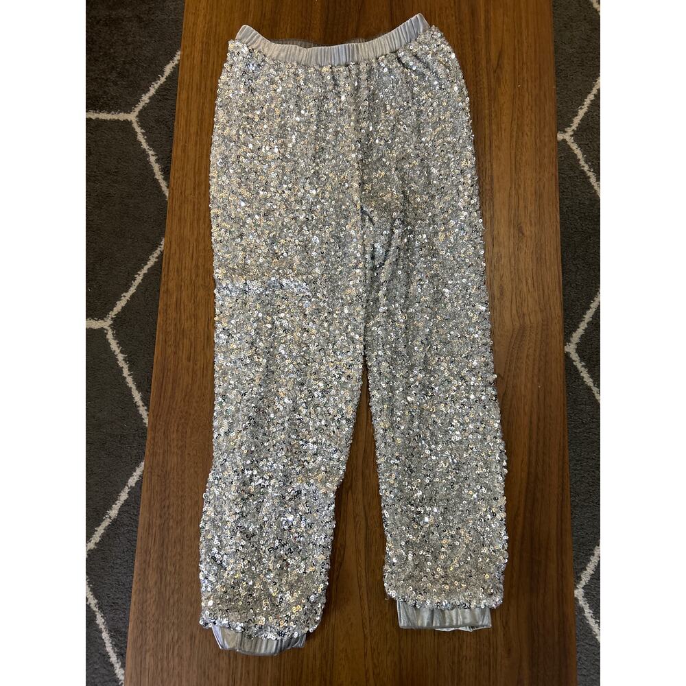 JLUXLABEL SILVER SEQUIN PULL ON JOGGING PANTS IN SIZE SMALL
